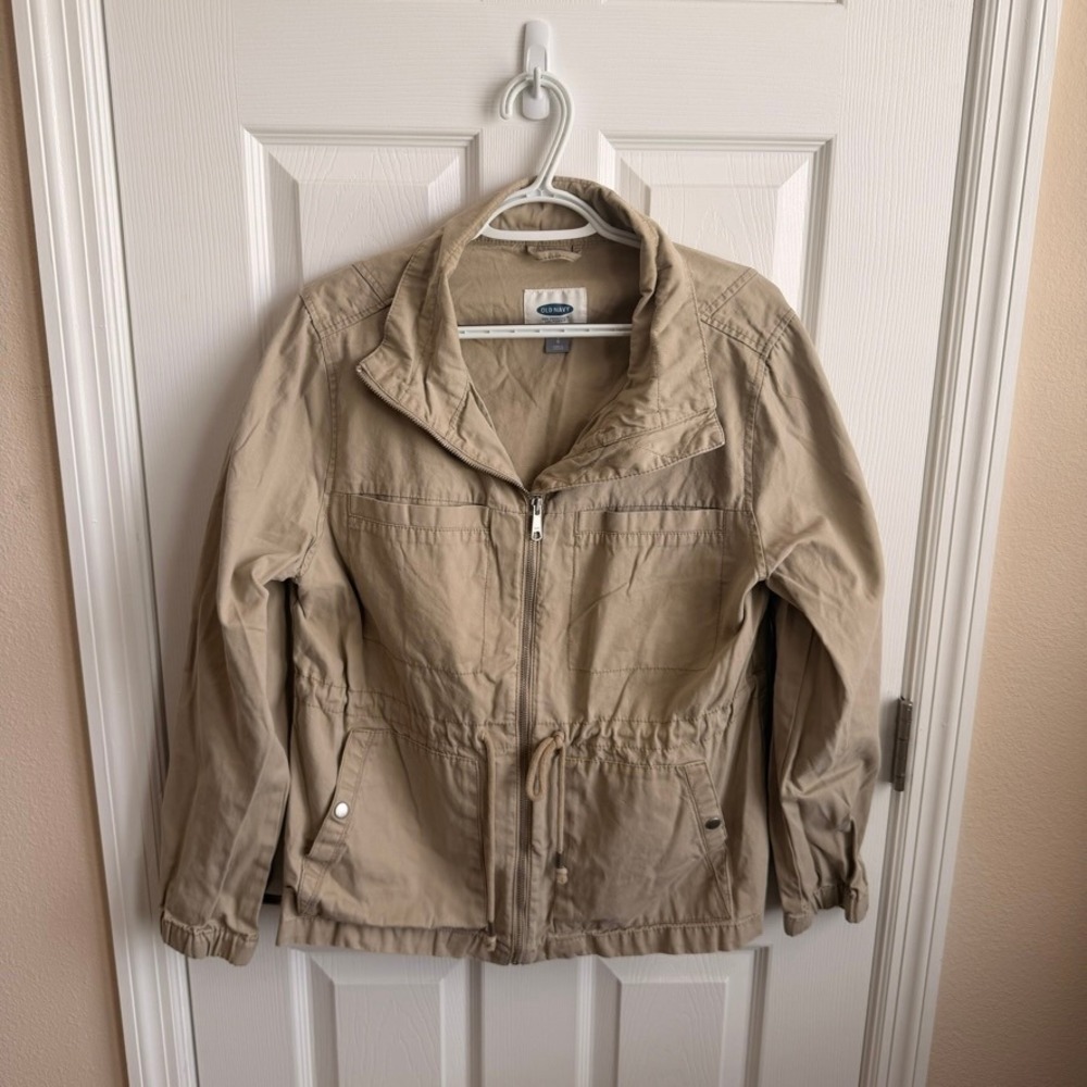 Old Navy Womens Khaki Tan Utility Field Jacket Full Zip Drawstring Waist Large